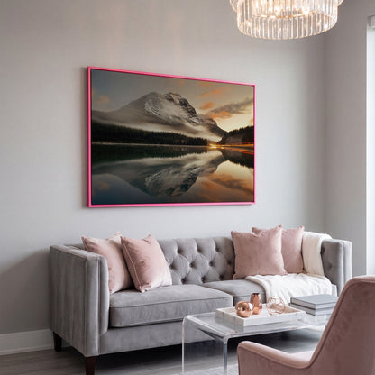 Mountain Lake and Fog at Sunset Canvas in pink floating frame