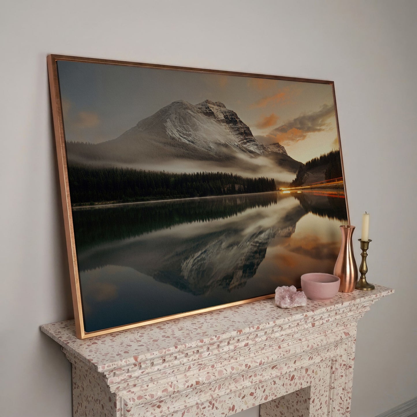 Mountain Lake and Fog at Sunset Canvas in rose gold floating frame