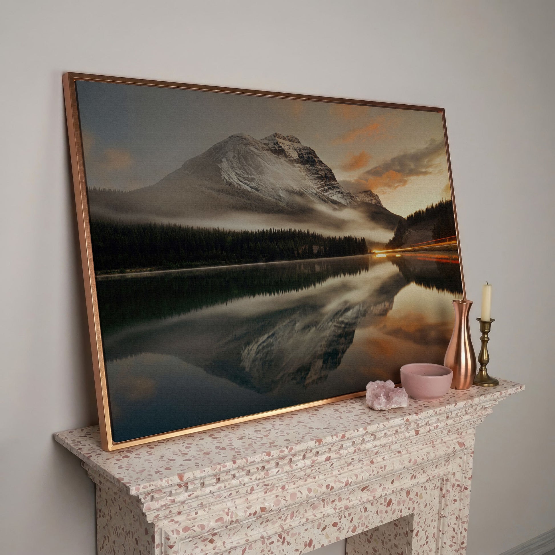 Mountain Lake and Fog at Sunset Canvas in rose gold floating frame