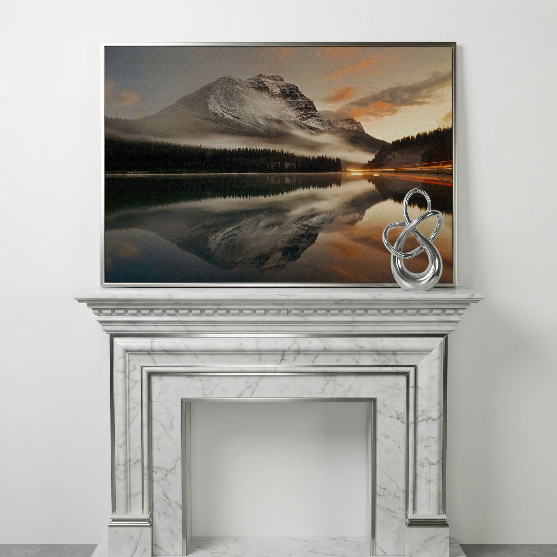 Mountain Lake and Fog at Sunset Canvas in silver floating frame