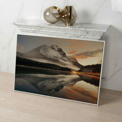 Mountain Lake and Fog at Sunset Canvas in white floating frame