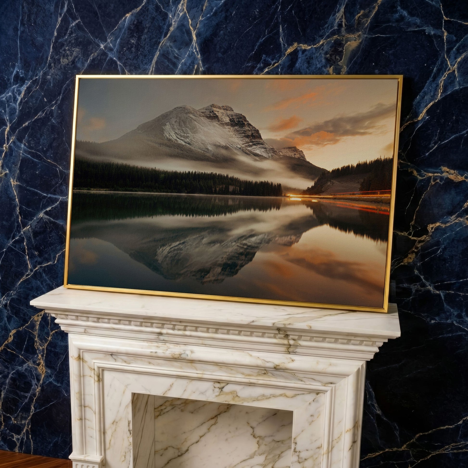 Mountain Lake and Fog at Sunset Canvas in yellow gold floating frame