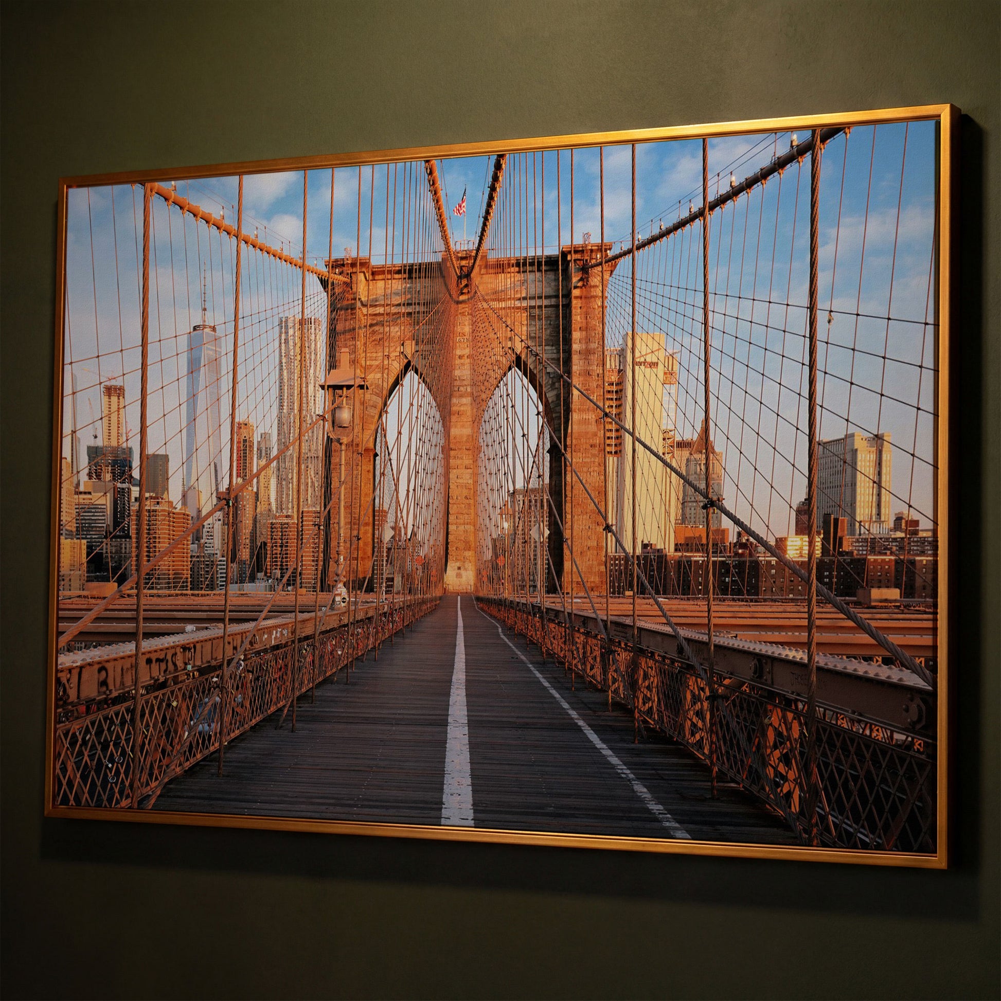 Brooklyn Bridge New York Canvas Print shown in antique gold floating frame