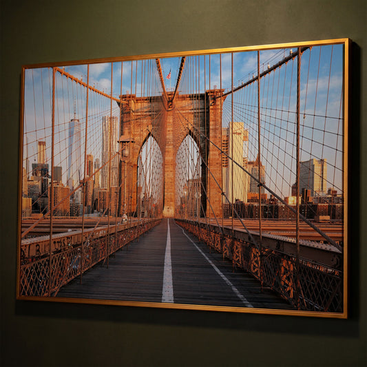 Brooklyn Bridge New York Canvas Print shown in antique gold floating frame