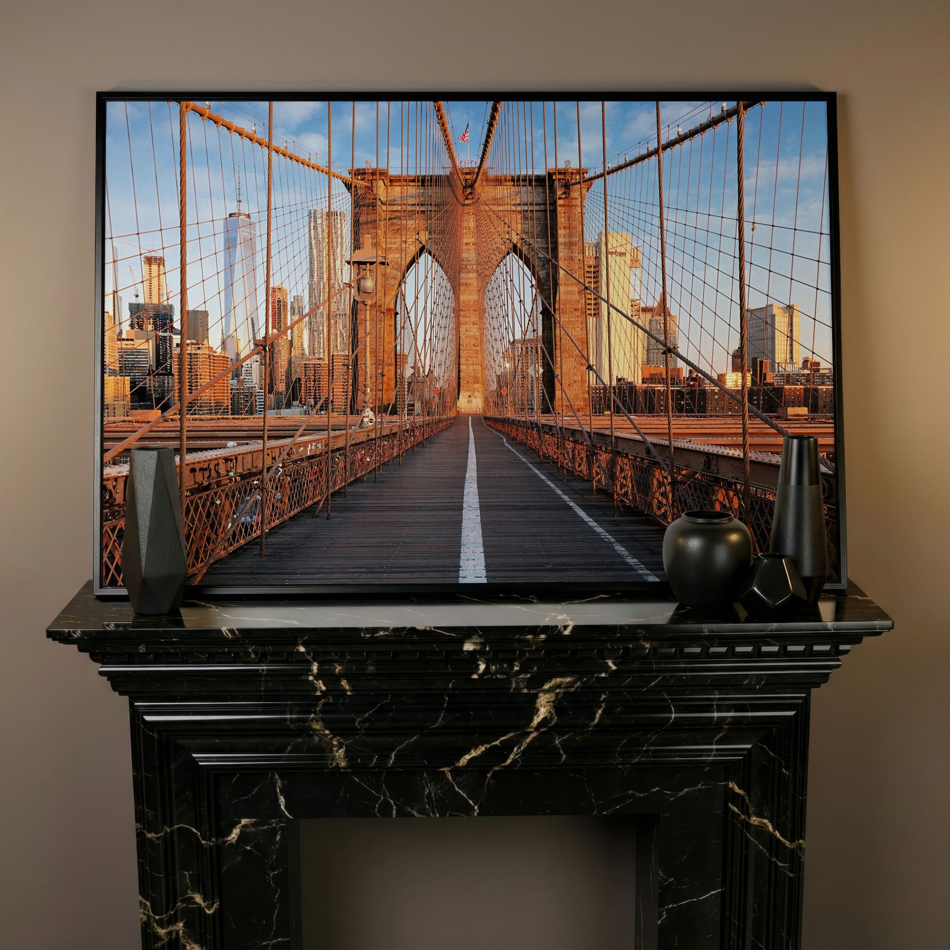 Brooklyn Bridge New York Canvas Print in black floating frame