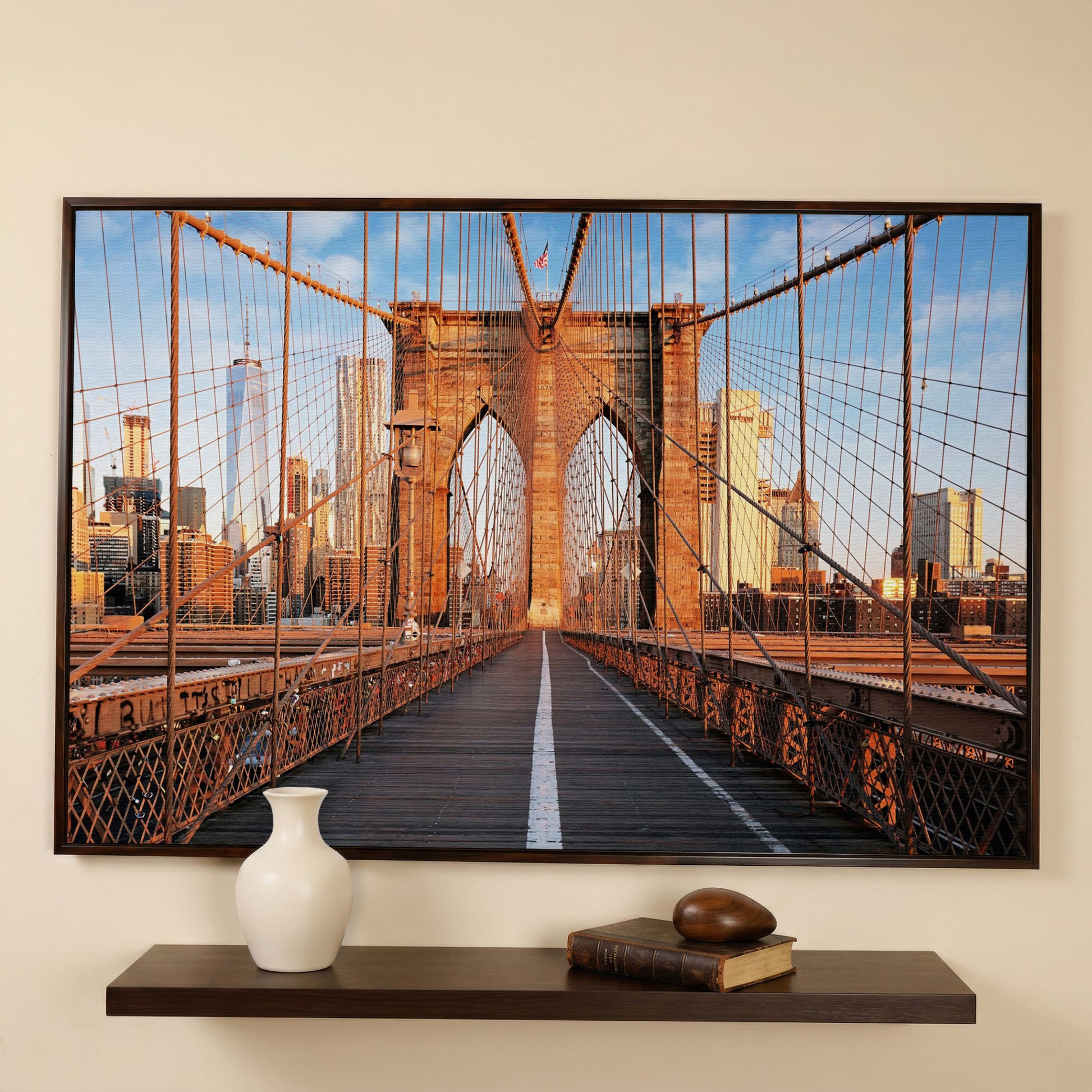 Brooklyn Bridge New York Canvas Print in dark walnut floating frame