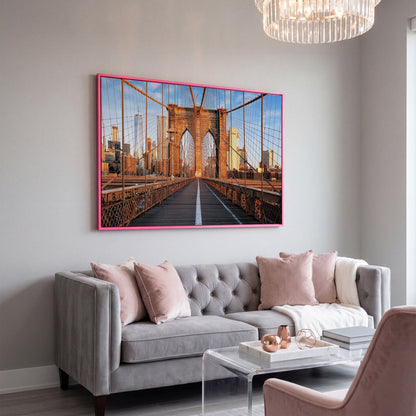 Brooklyn Bridge New York Canvas Print in pink floating frame