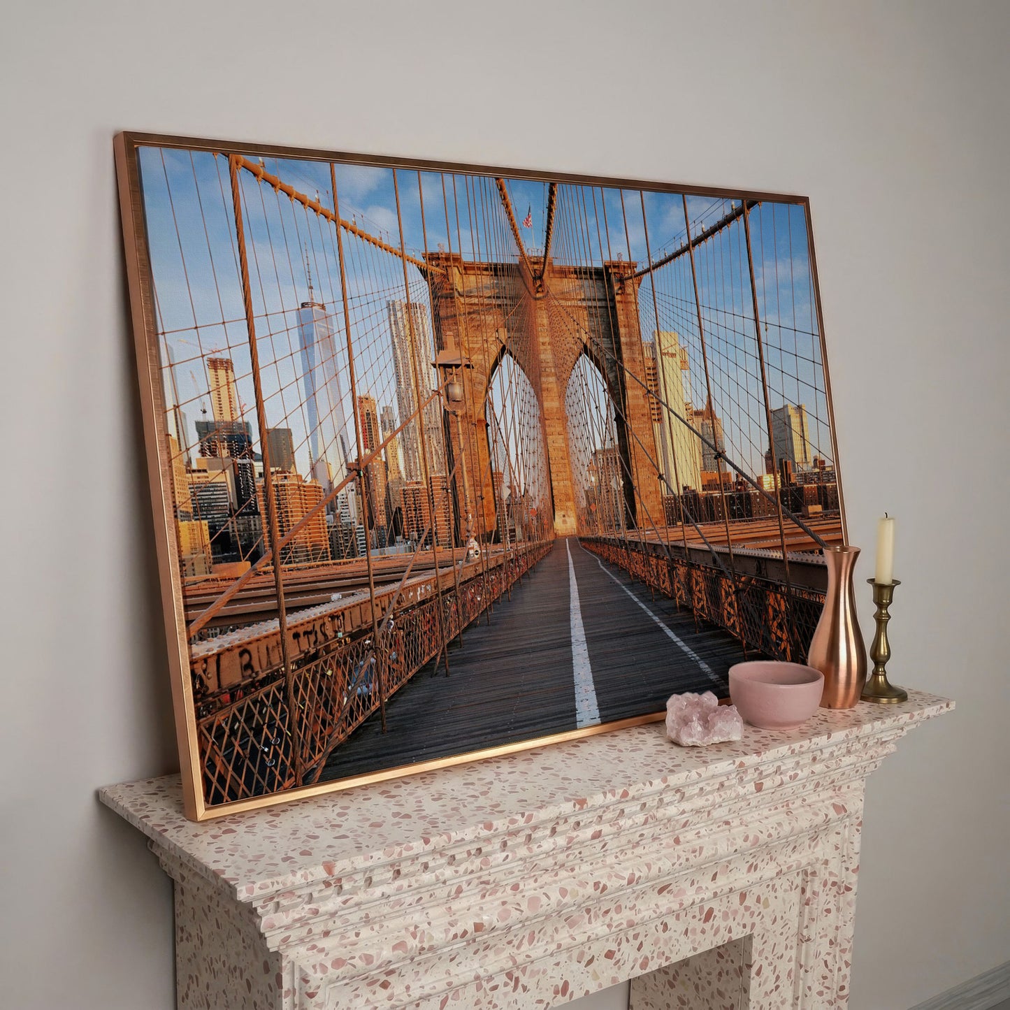 Brooklyn Bridge New York Canvas Print in rose gold floating frame