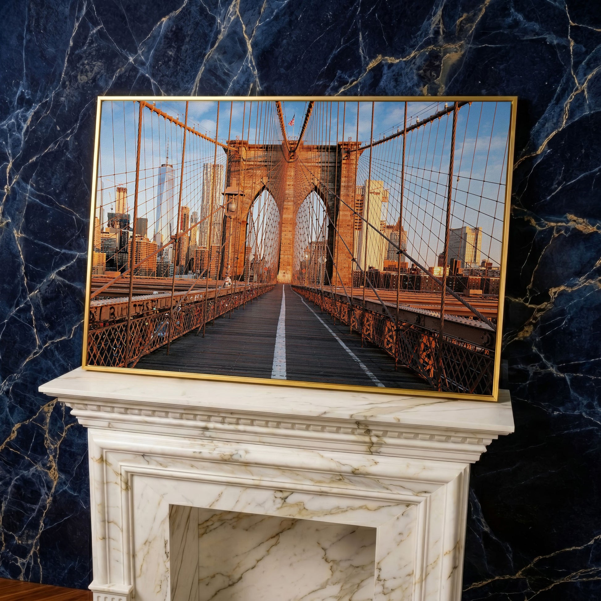 Brooklyn Bridge New York Canvas Print in yellow gold floating frame