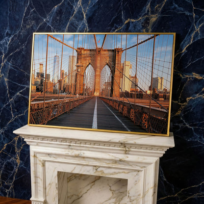 Brooklyn Bridge New York Canvas Print in yellow gold floating frame