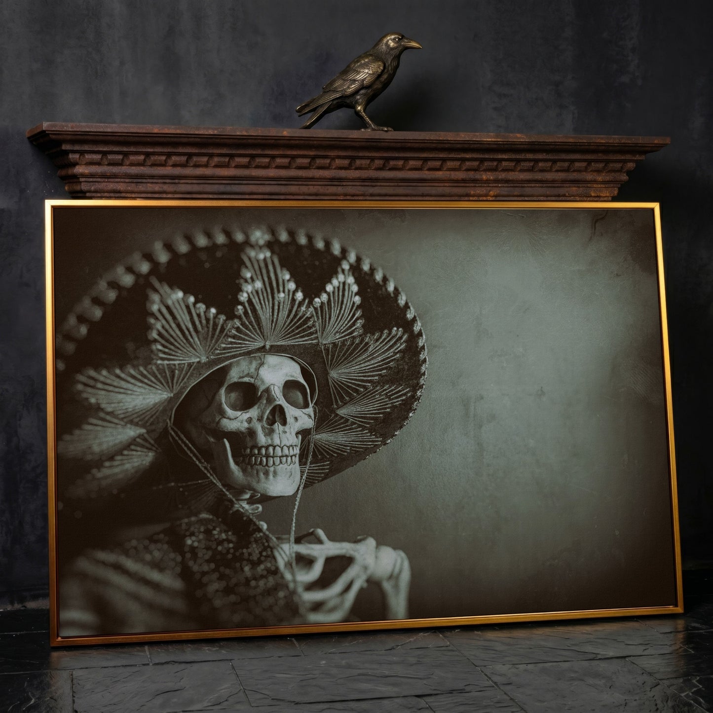 Mexican Bandit Skeleton Canvas Print in antique gold floating frame