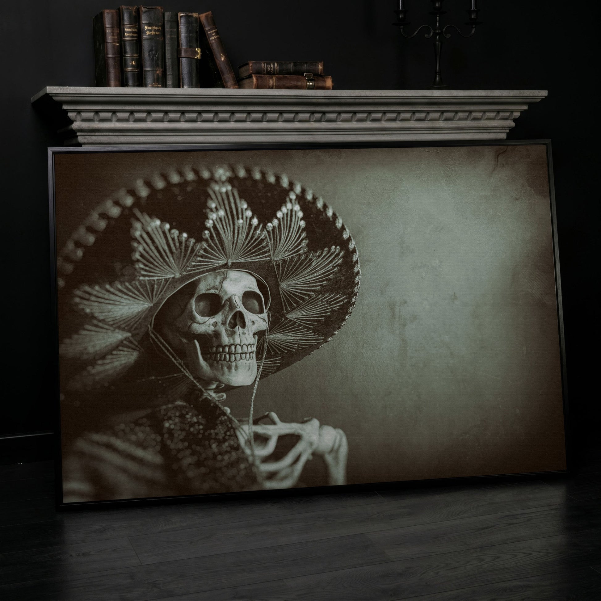 Mexican Bandit Skeleton Canvas Print in black floating frame