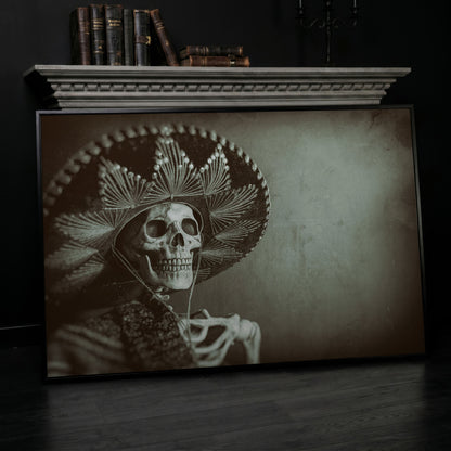 Mexican Bandit Skeleton Canvas Print in black floating frame