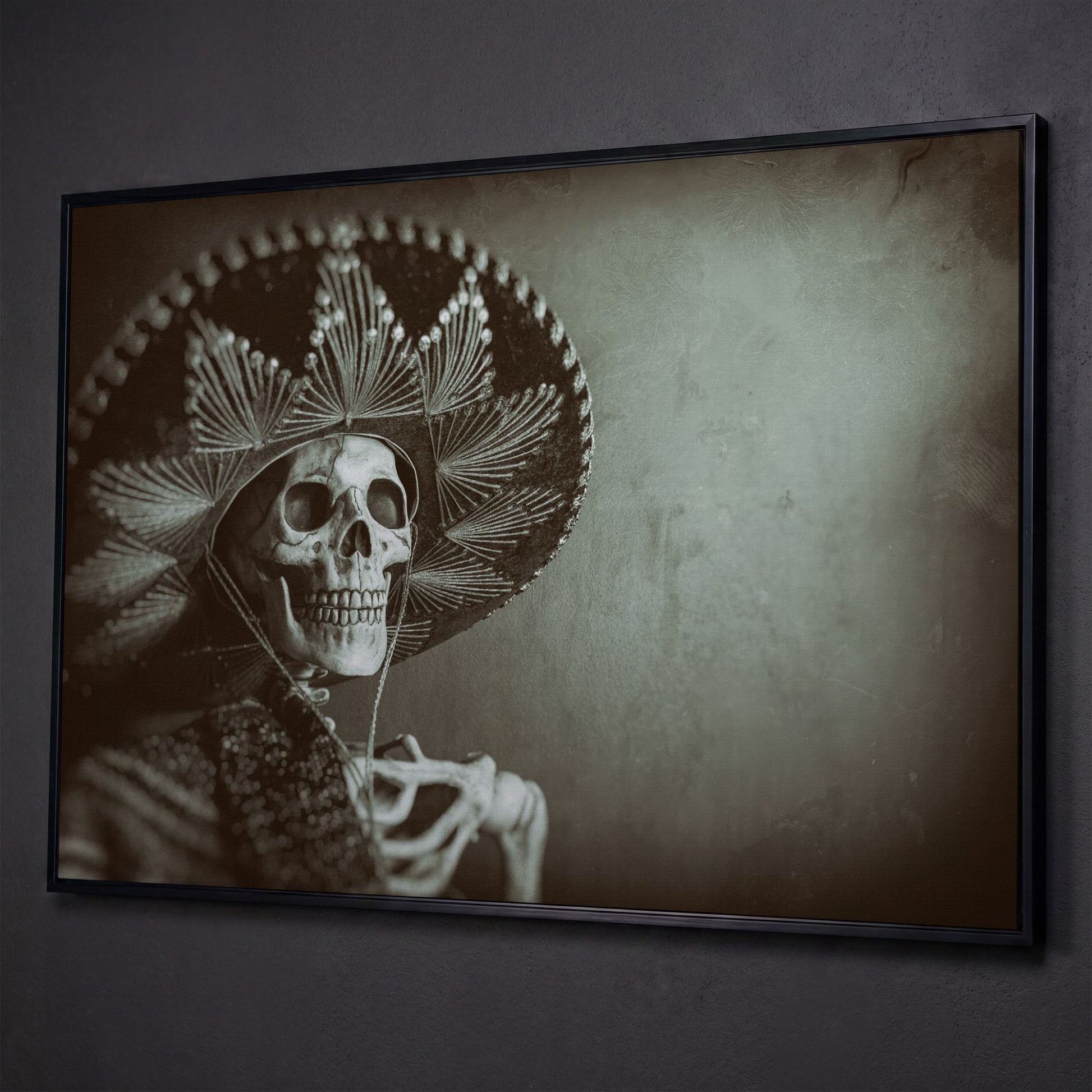 Mexican Bandit Skeleton Canvas Print shown in black floating frame