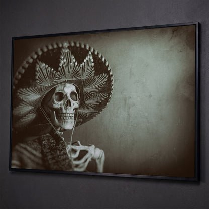 Mexican Bandit Skeleton Canvas Print shown in black floating frame