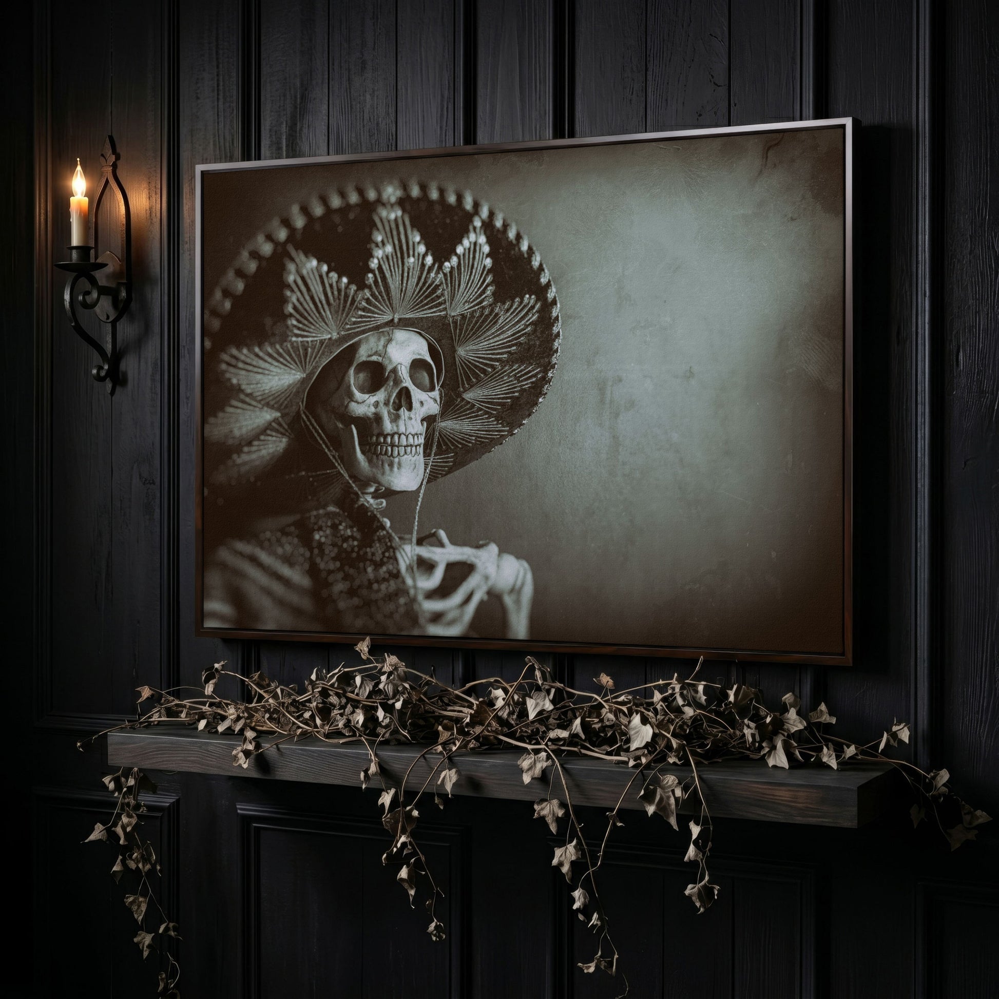 Mexican Bandit Skeleton Canvas Print in dark walnut floating frame