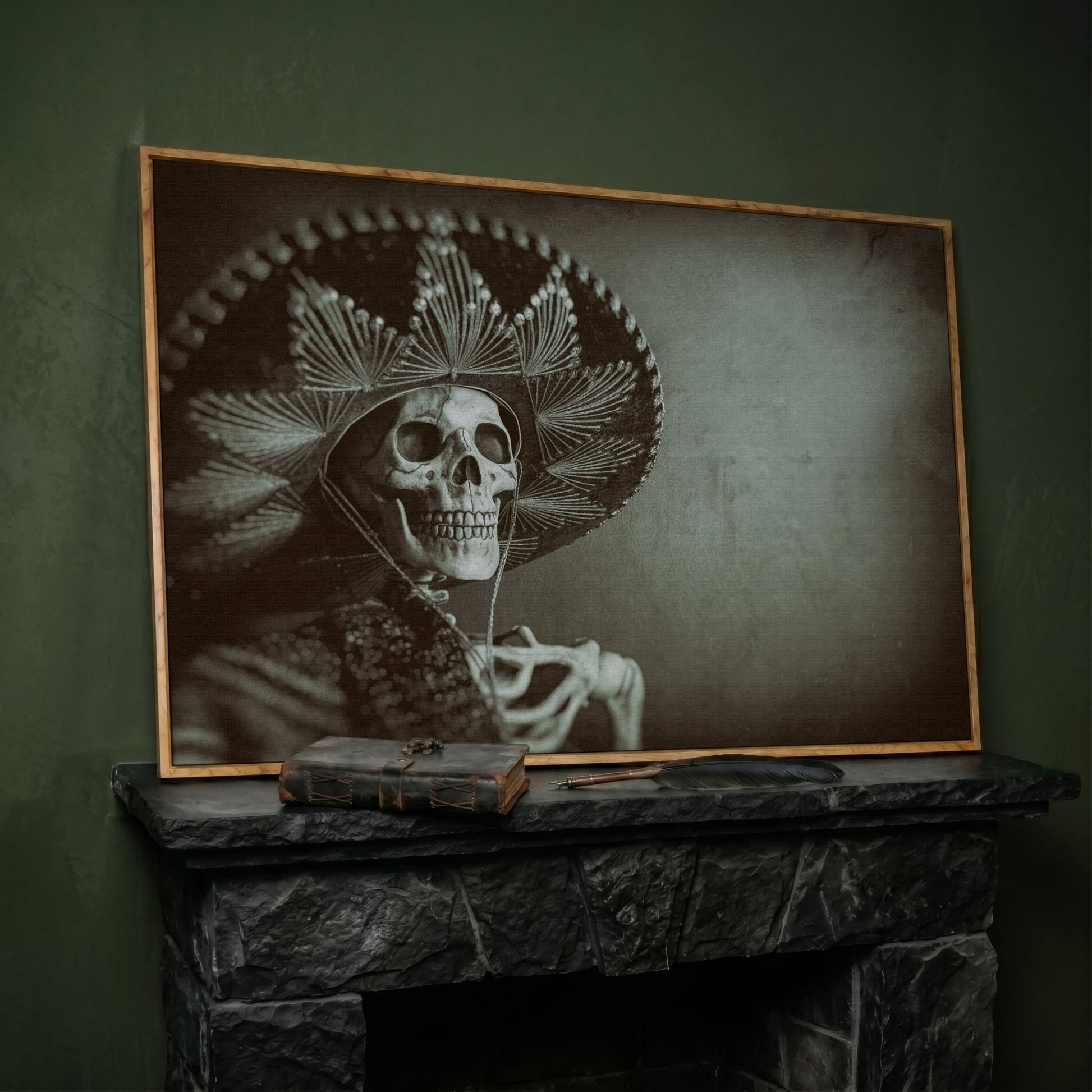 Mexican Bandit Skeleton Canvas Print in white oak floating frame