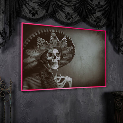 Mexican Bandit Skeleton Canvas Print in pink floating frame
