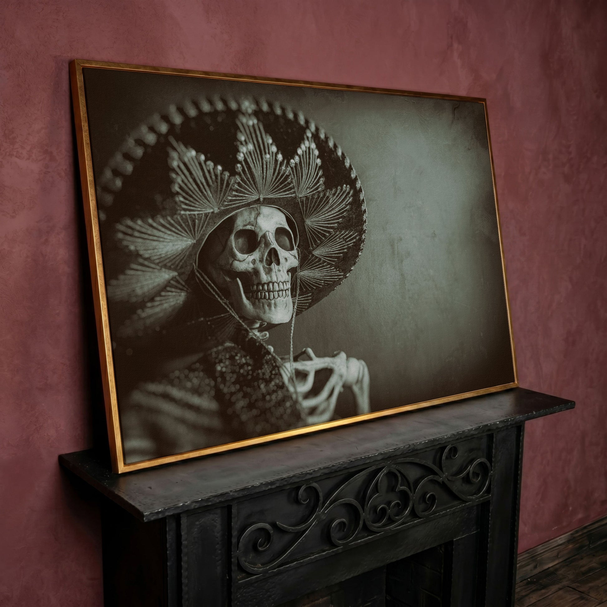 Mexican Bandit Skeleton Canvas Print in rose gold floating frame