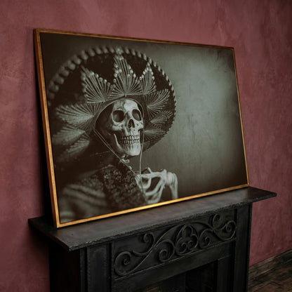 Mexican Bandit Skeleton Canvas Print in rose gold floating frame