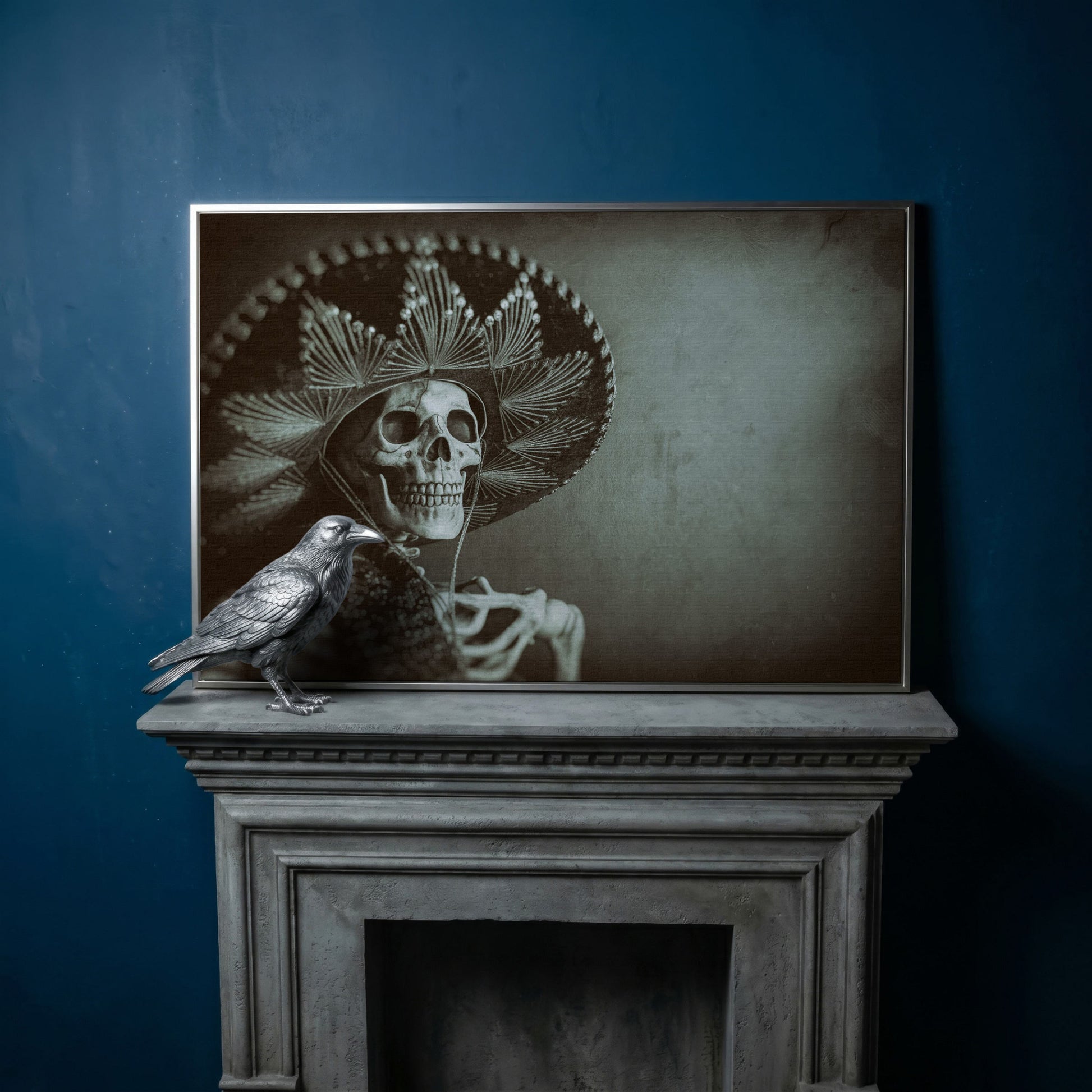 Mexican Bandit Skeleton Canvas Print in silver floating frame