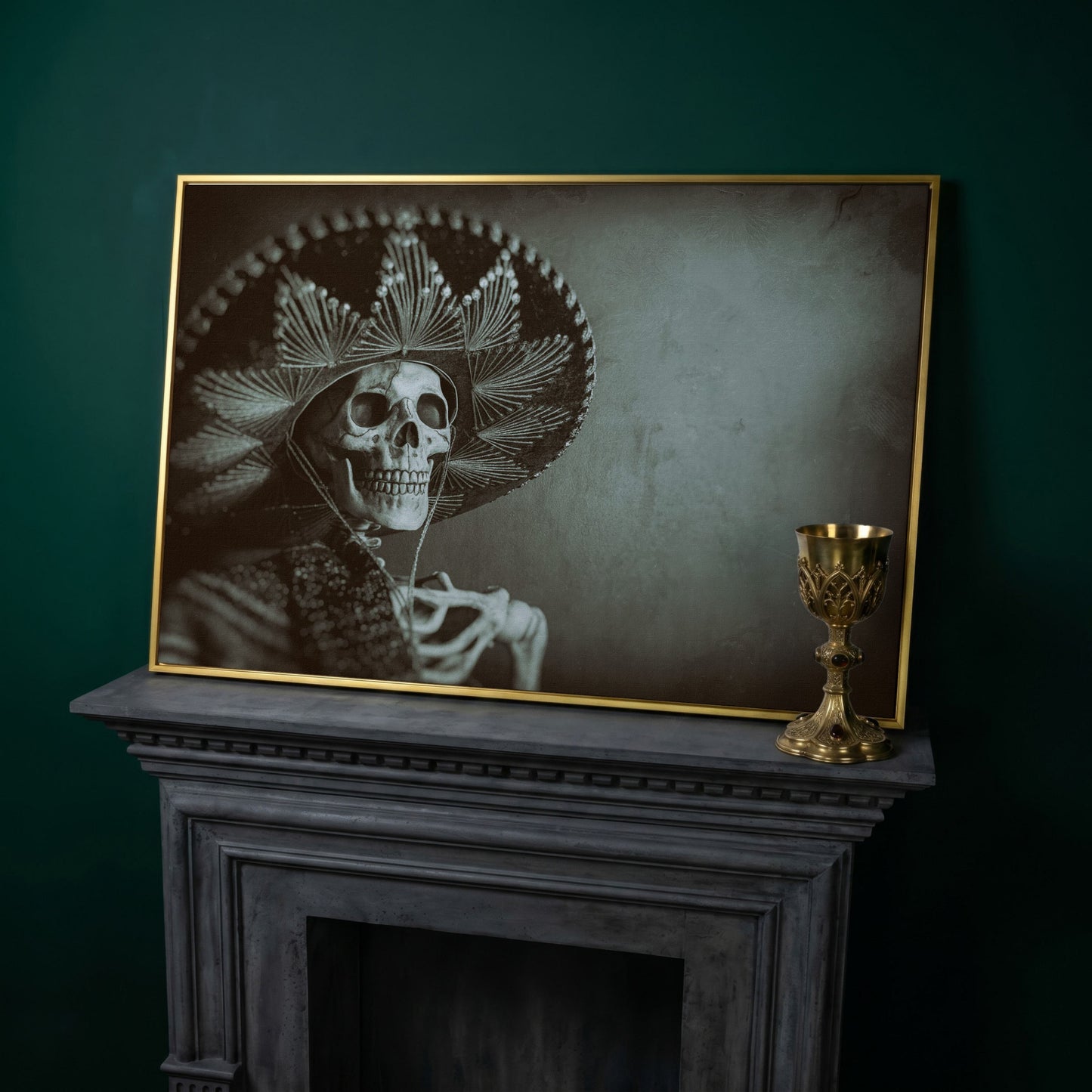 Mexican Bandit Skeleton Canvas Print in yellow gold floating frame