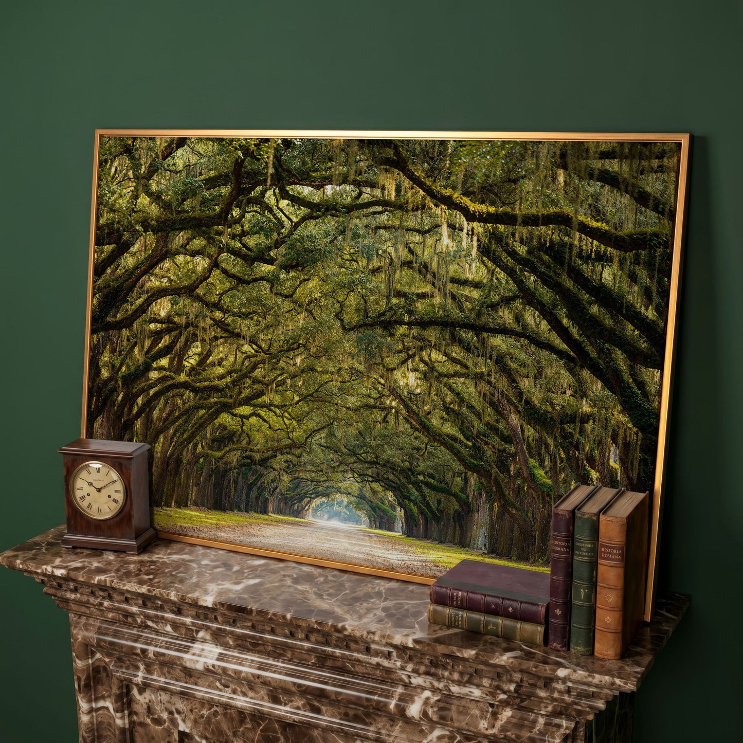 Line of Green Oak Trees Canvas Print in antique gold floating frame