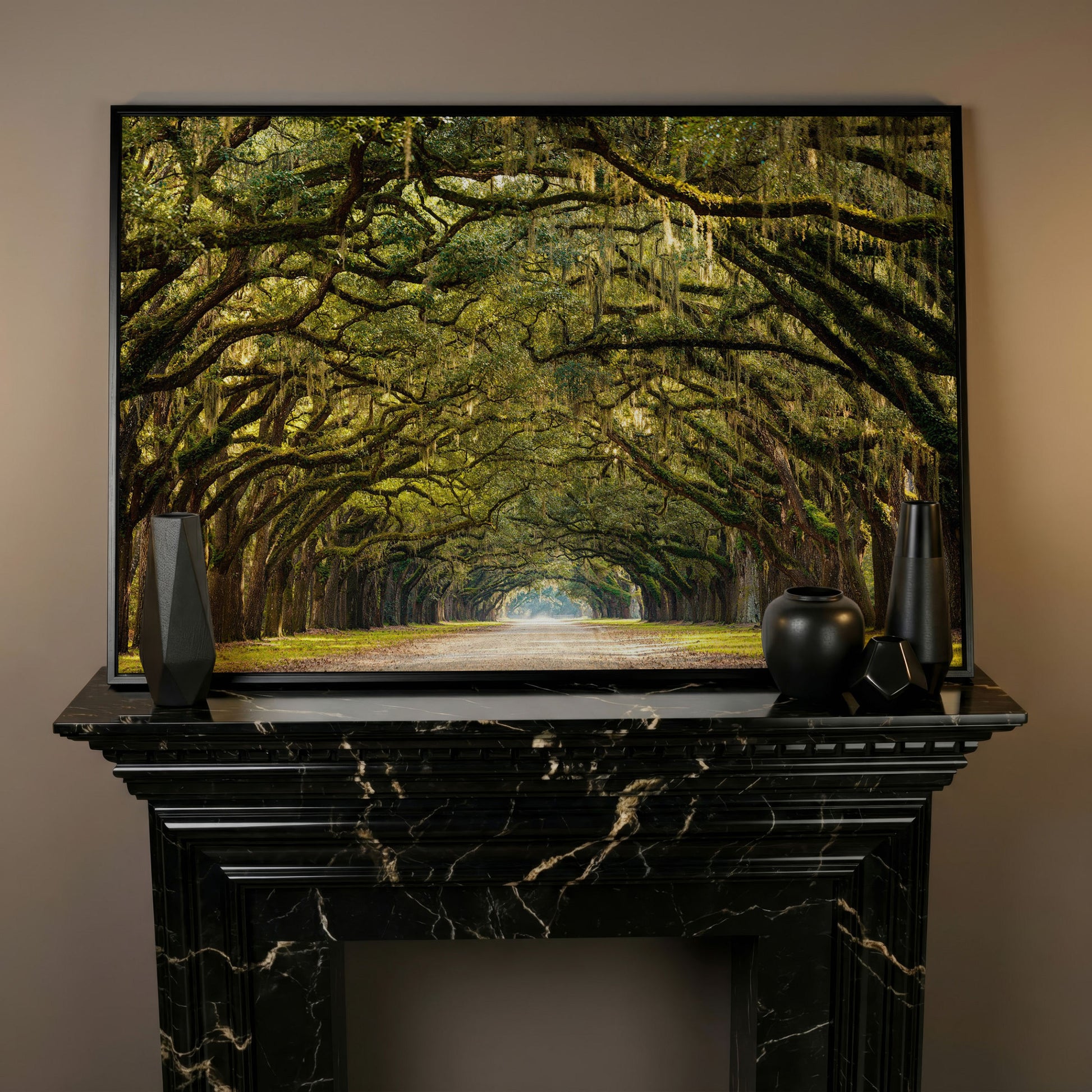Line of Green Oak Trees Canvas Print in black floating frame