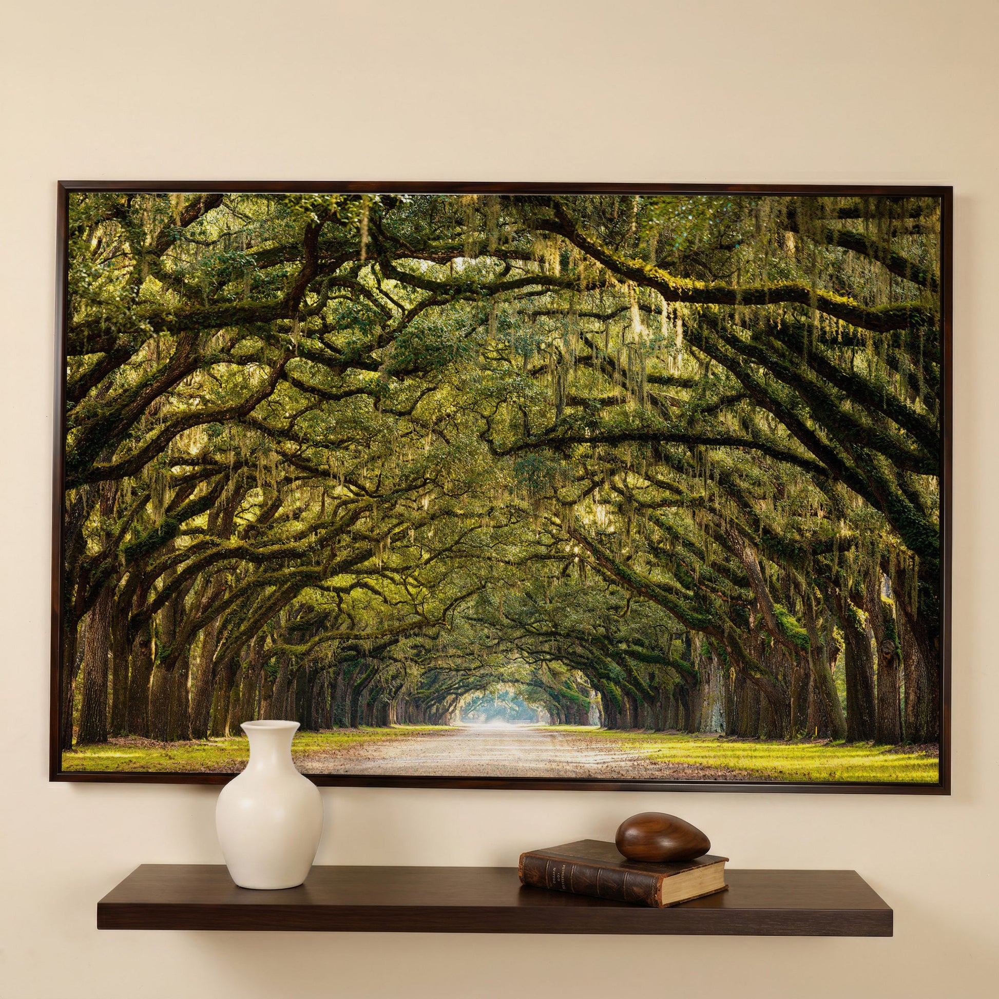 Line of Green Oak Trees Canvas Print in dark walnut floating frame