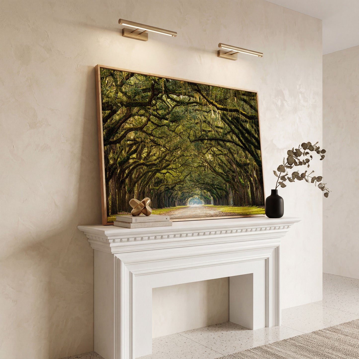 Line of Green Oak Trees Canvas Print in white oak floating frame