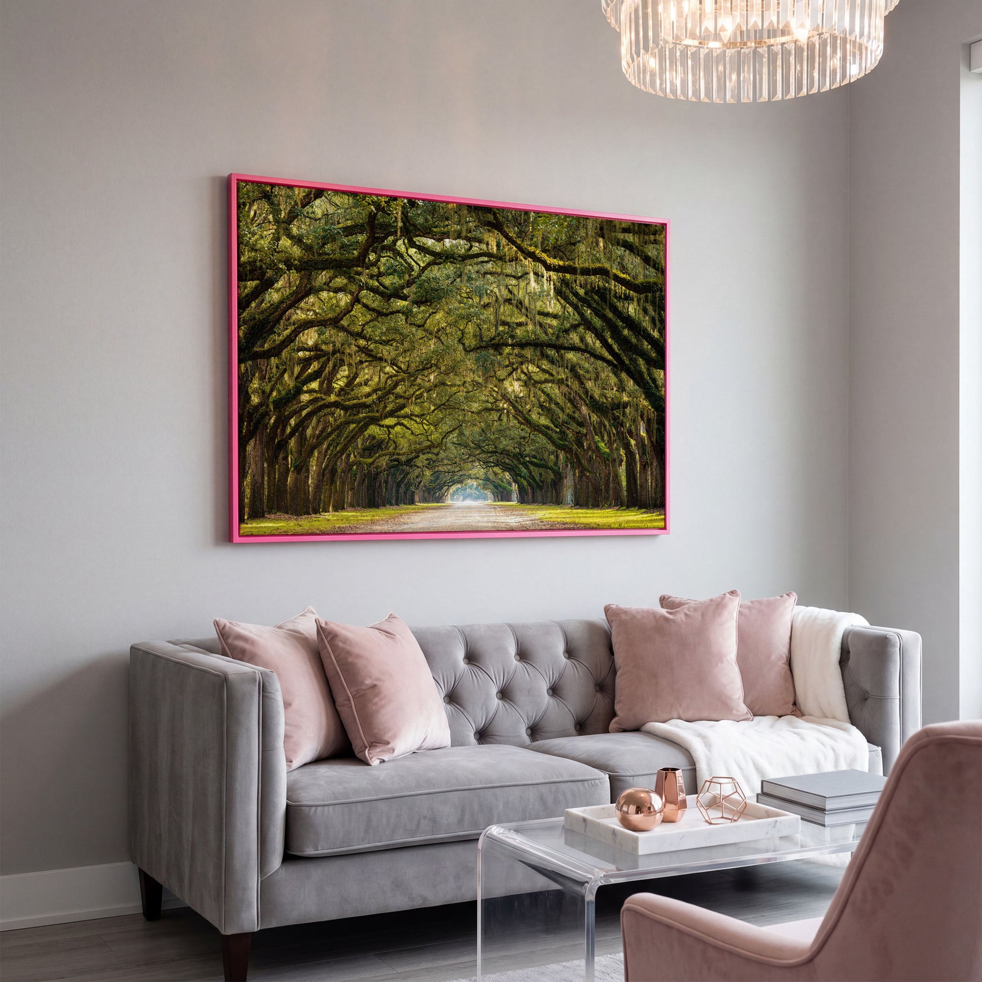 Line of Green Oak Trees Canvas Print in pink floating frame