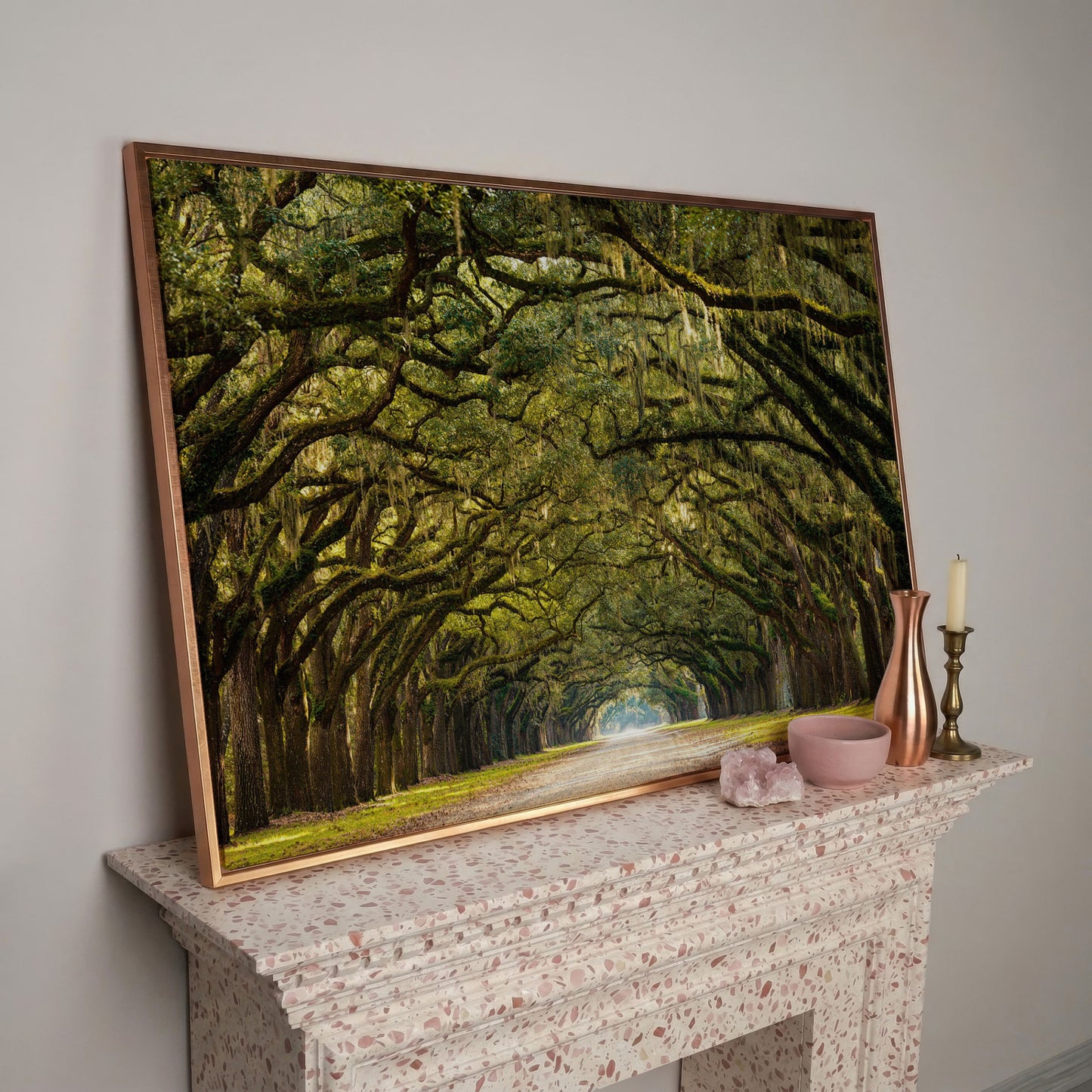 Line of Green Oak Trees Canvas Print in rose gold floating frame