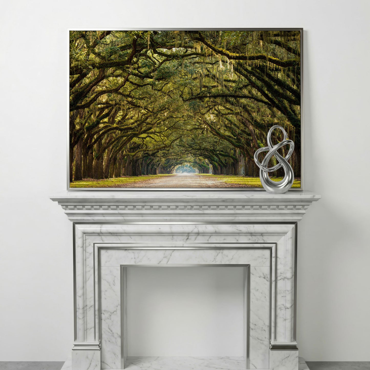 Line of Green Oak Trees Canvas Print in silver floating frame