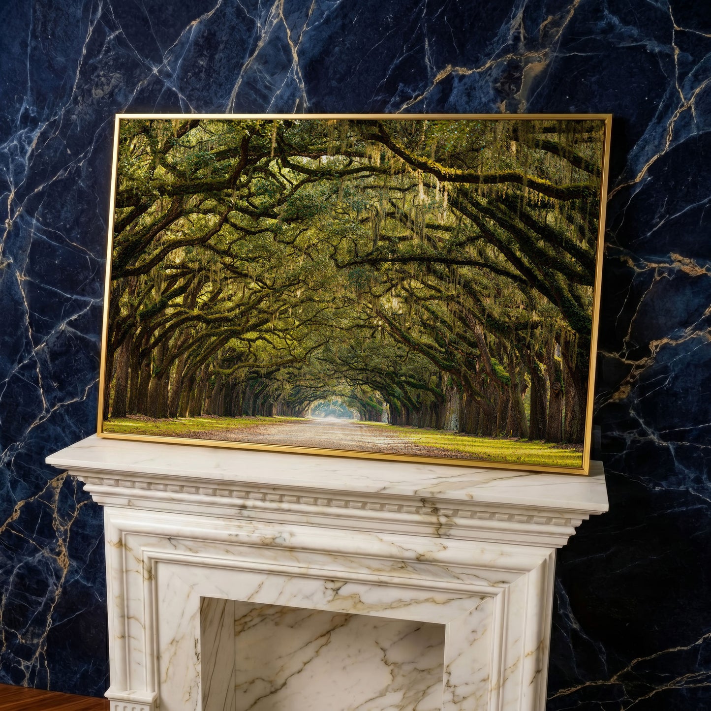 Line of Green Oak Trees Canvas Print in yellow gold floating frame