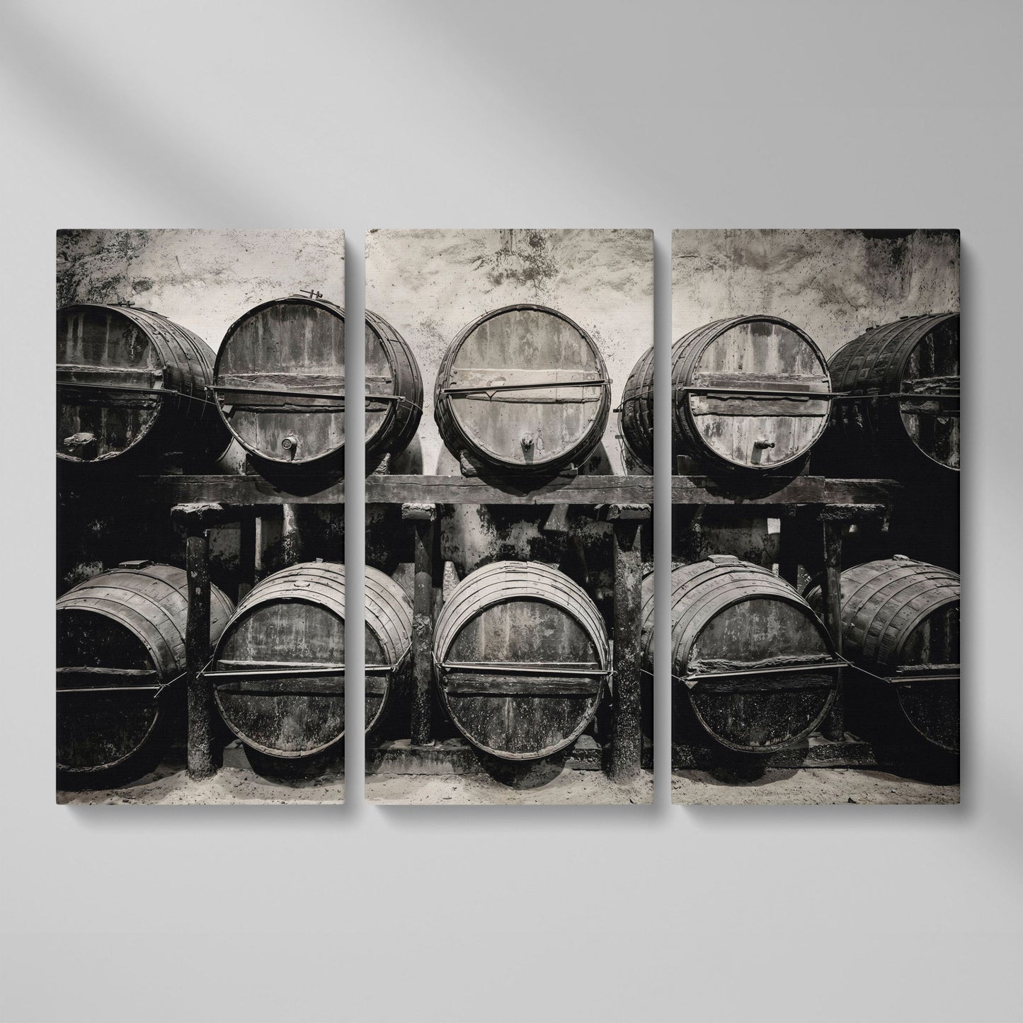 Wine Barrels in the Winery Canvas Print as 3-panel split version