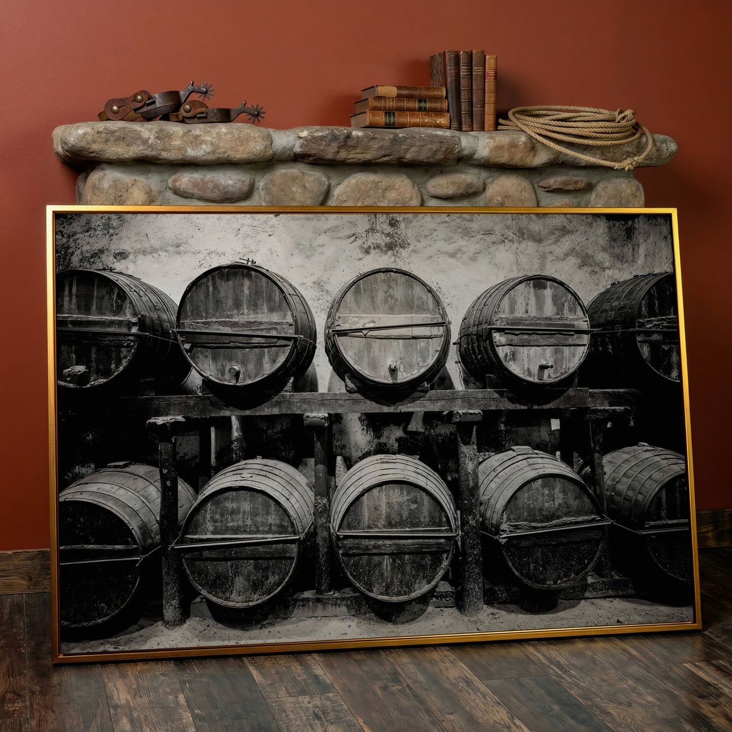 Wine Barrels in the Winery Canvas Print in antique gold floating frame