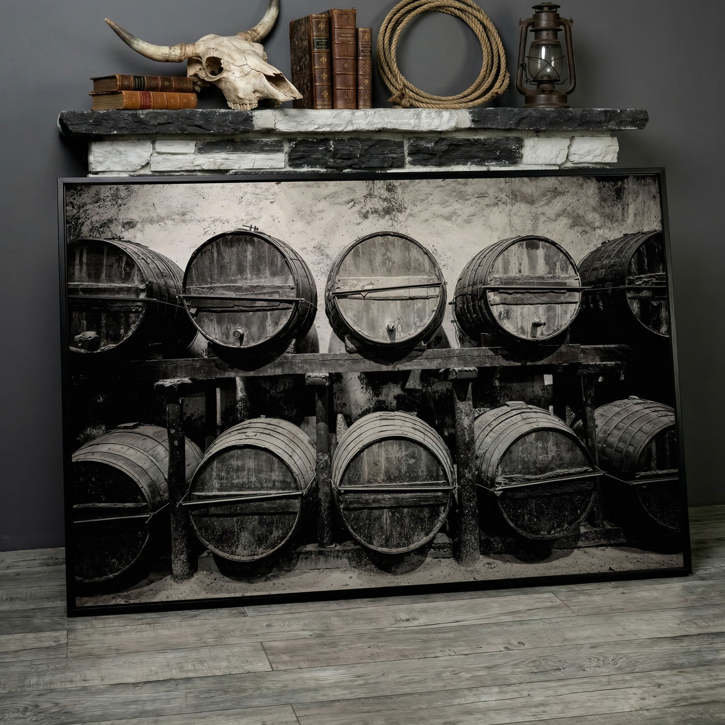Wine Barrels in the Winery Canvas Print in black floating frame