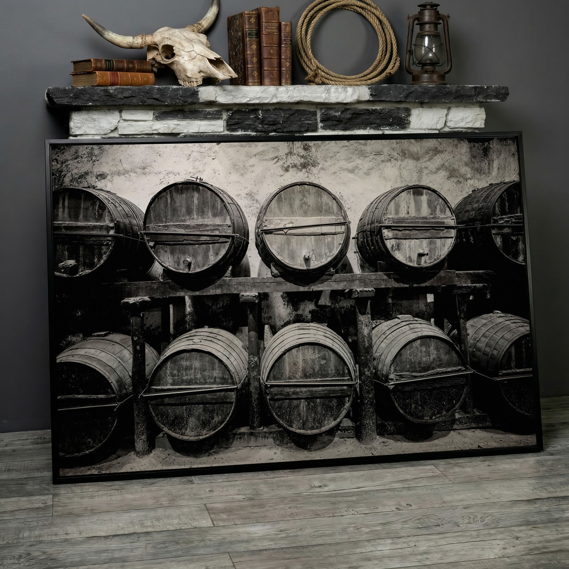 Wine Barrels in the Winery Canvas Print in black floating frame