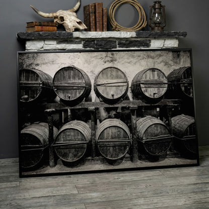 Wine Barrels in the Winery Canvas Print in black floating frame