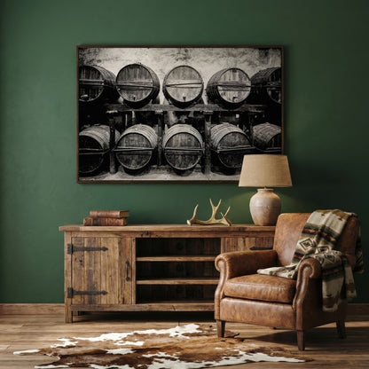 Wine Barrels in the Winery Canvas Print in dark walnut floating frame