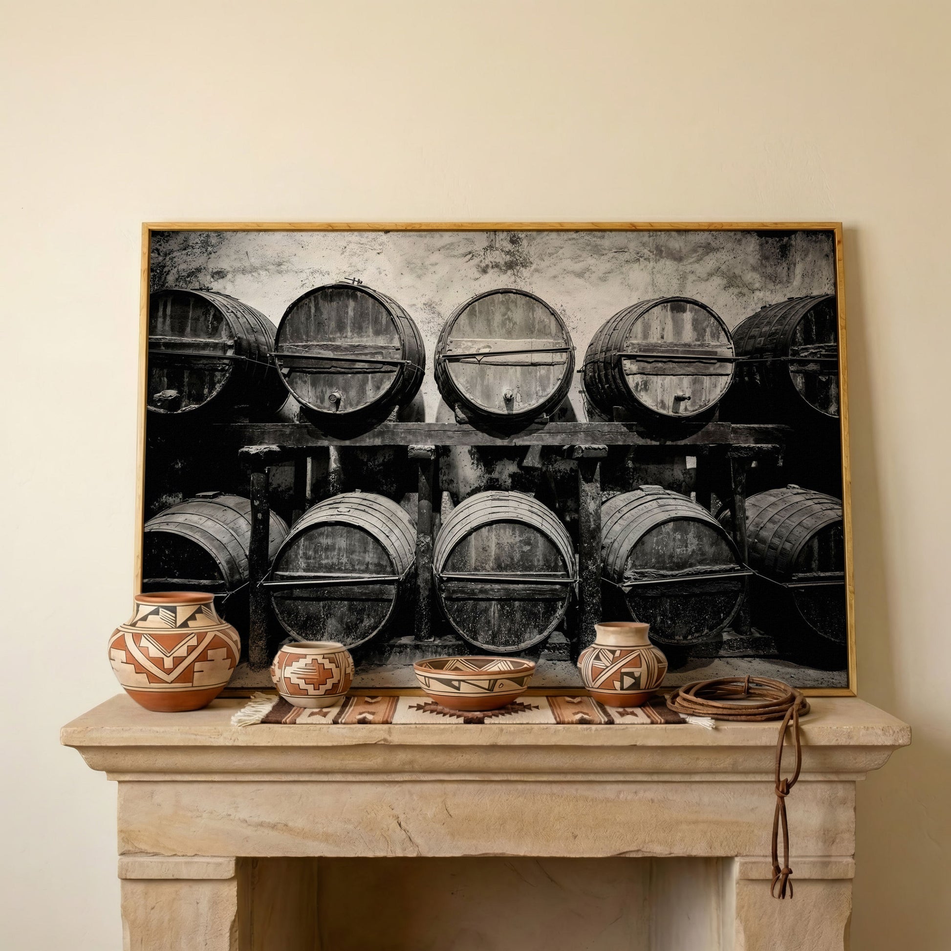 Wine Barrels in the Winery Canvas Print in white oak floating frame
