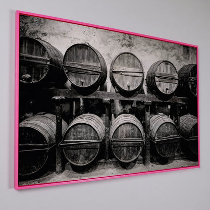 Wine Barrels in the Winery Canvas Print in pink floating frame