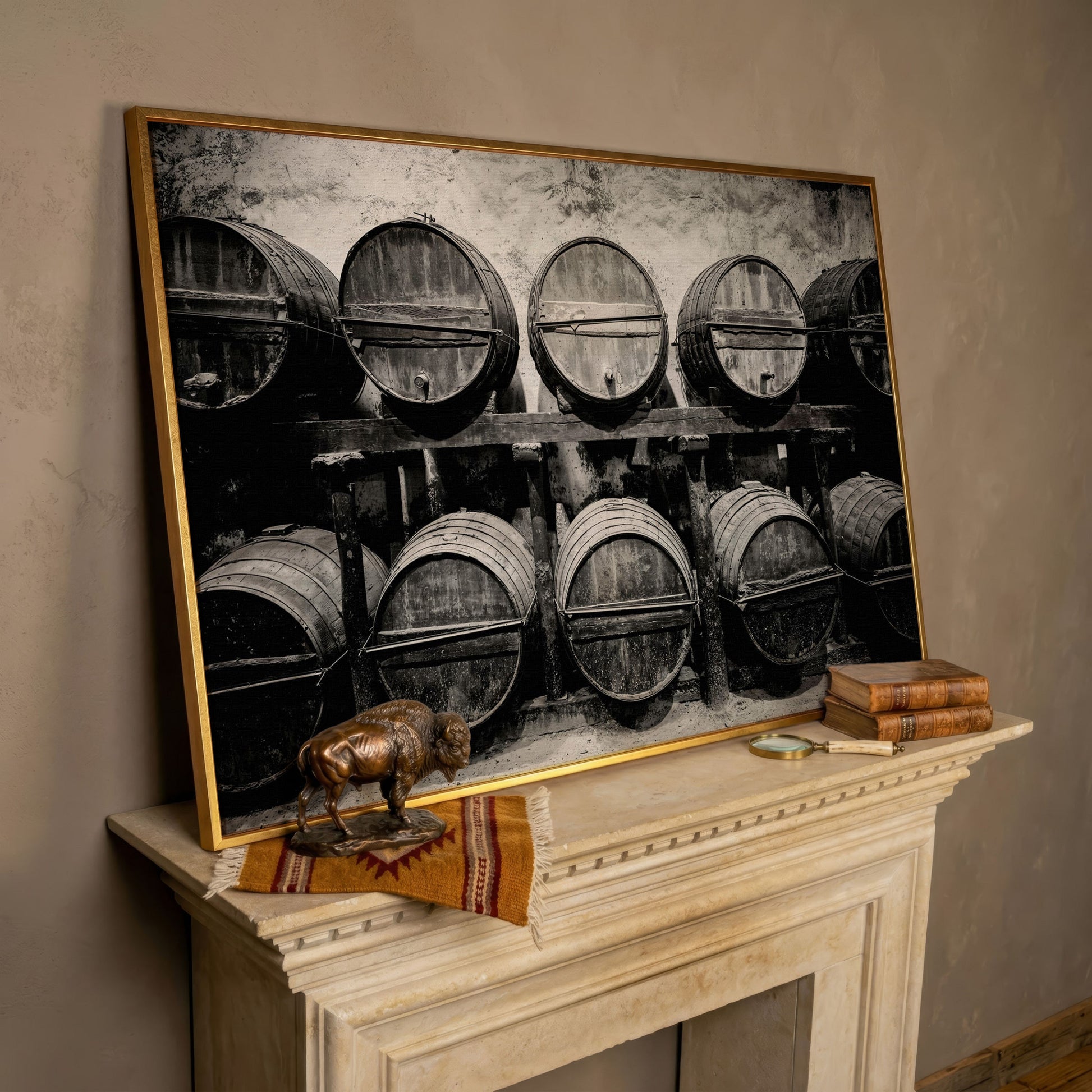 Wine Barrels in the Winery Canvas Print in rose gold floating frame