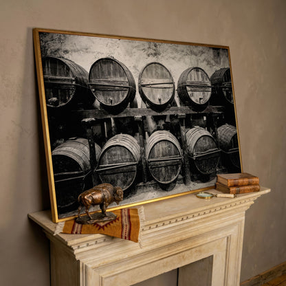 Wine Barrels in the Winery Canvas Print in rose gold floating frame