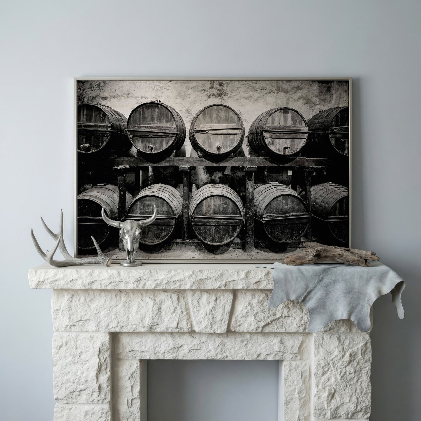 Wine Barrels in the Winery Canvas Print in silver floating frame