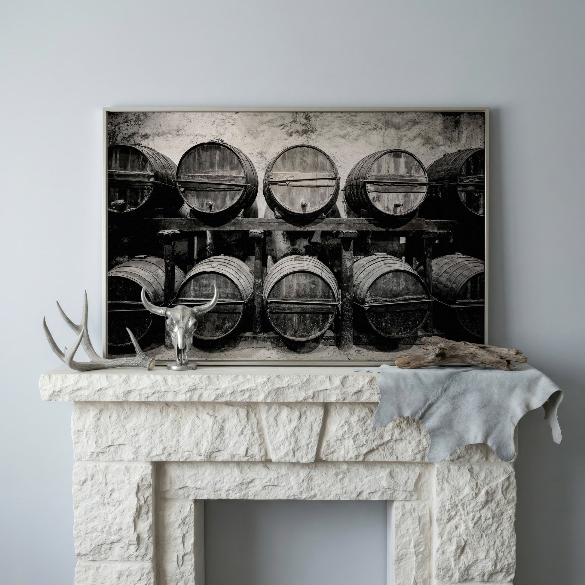 Wine Barrels in the Winery Canvas Print in silver floating frame