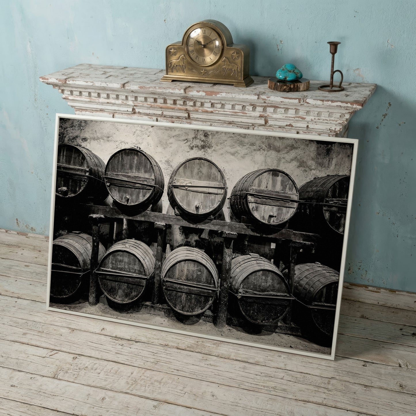 Wine Barrels in the Winery Canvas Print in white floating frame