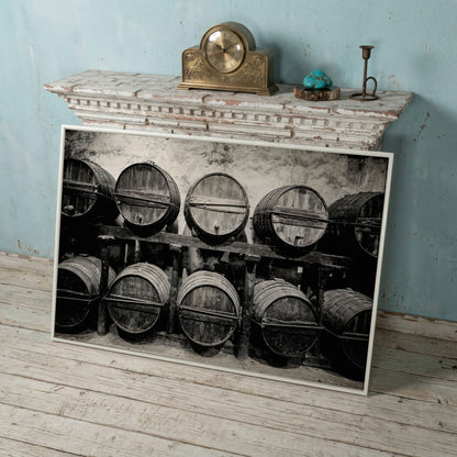 Wine Barrels in the Winery Canvas Print in white floating frame