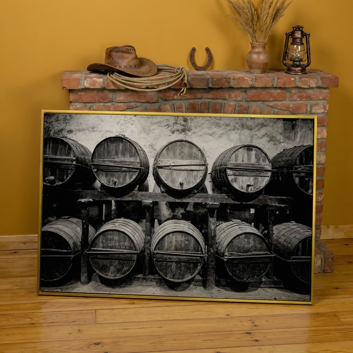 Wine Barrels in the Winery Canvas Print in yellow gold floating frame