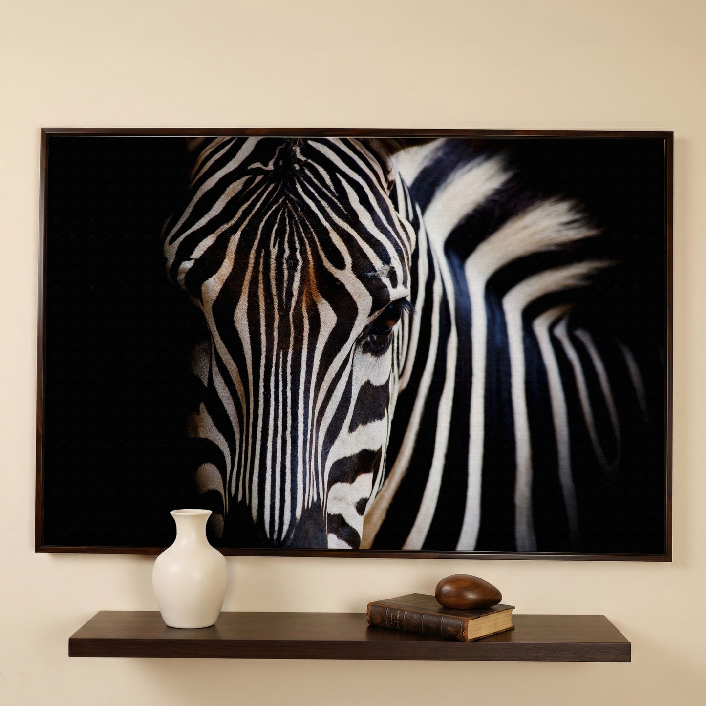Black and White Zebra Portrait Canvas in dark walnut floating frame